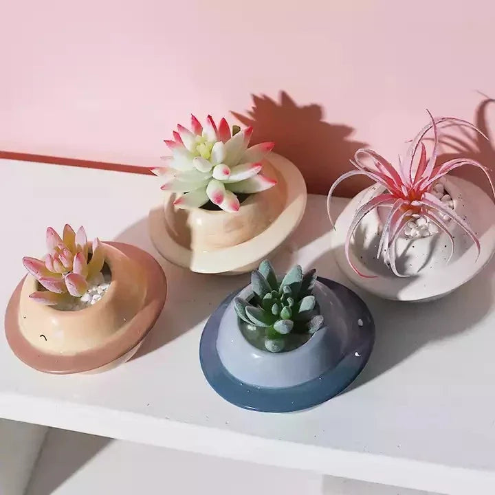 cache pot céramique bleu clair points noirs moderne plante succulente glacé