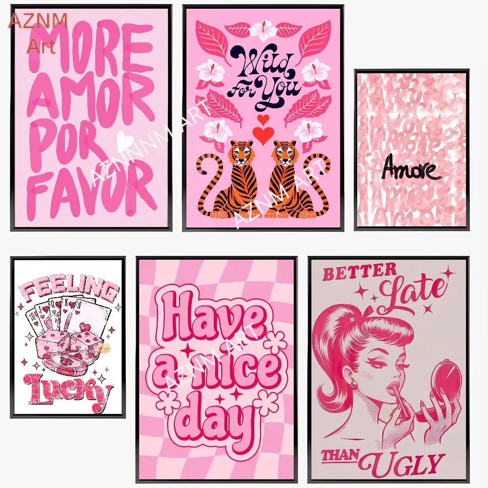 affiche moderne abstraite rose paysages tigres fleurs toile 30x40cm noir blanc pop art