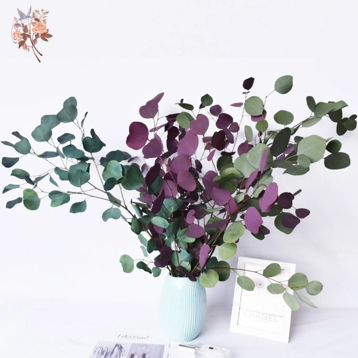décoration intérieure bouquet fleurs séchées eucalyptus feuilles pomme naturel vert violette moderne mariage maison