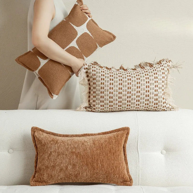 housse coussin polyester géométrique marron beige blanc moderne 30x50cm decoration intérieure