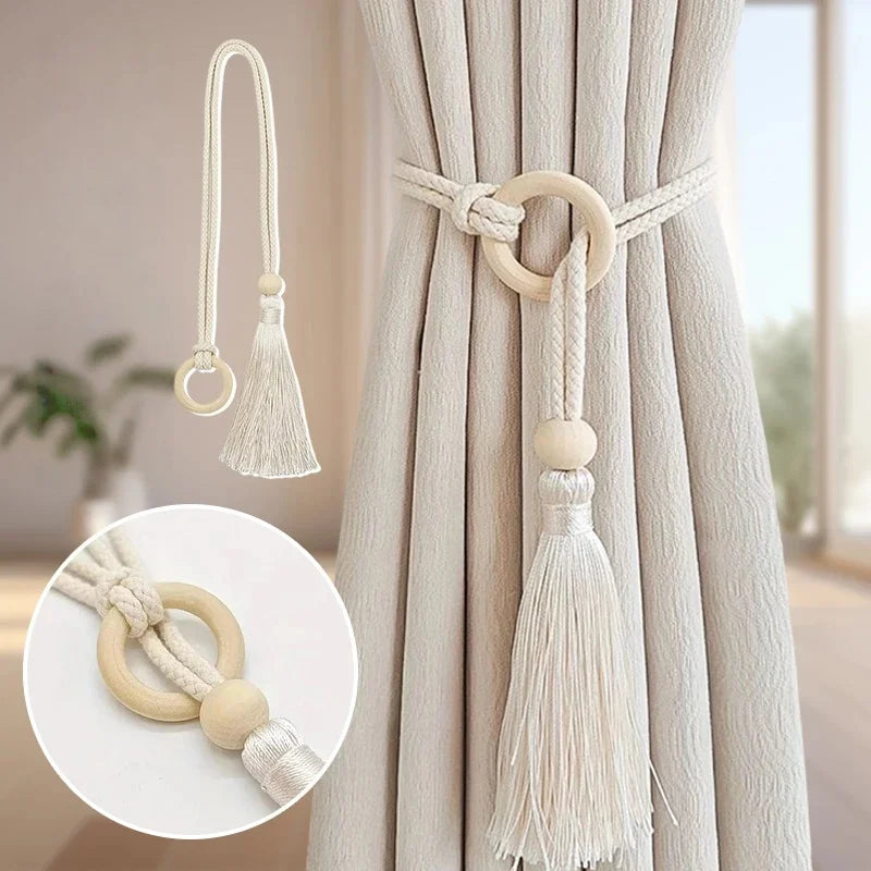 attaches rideau tassel bois moderne élégant franges anneaux chanvre uni beigeclair