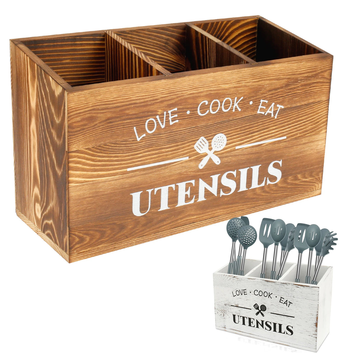 boîte ustensiles bois naturel rustique moderne compartiments ustensiles gris organisateur cuisine