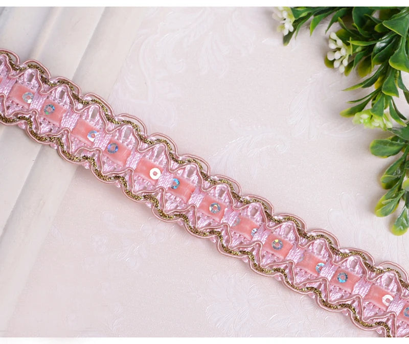 ruban décoratif dentelle élégant sequins dorés or rose violet bleu marron 2mètres polyester
