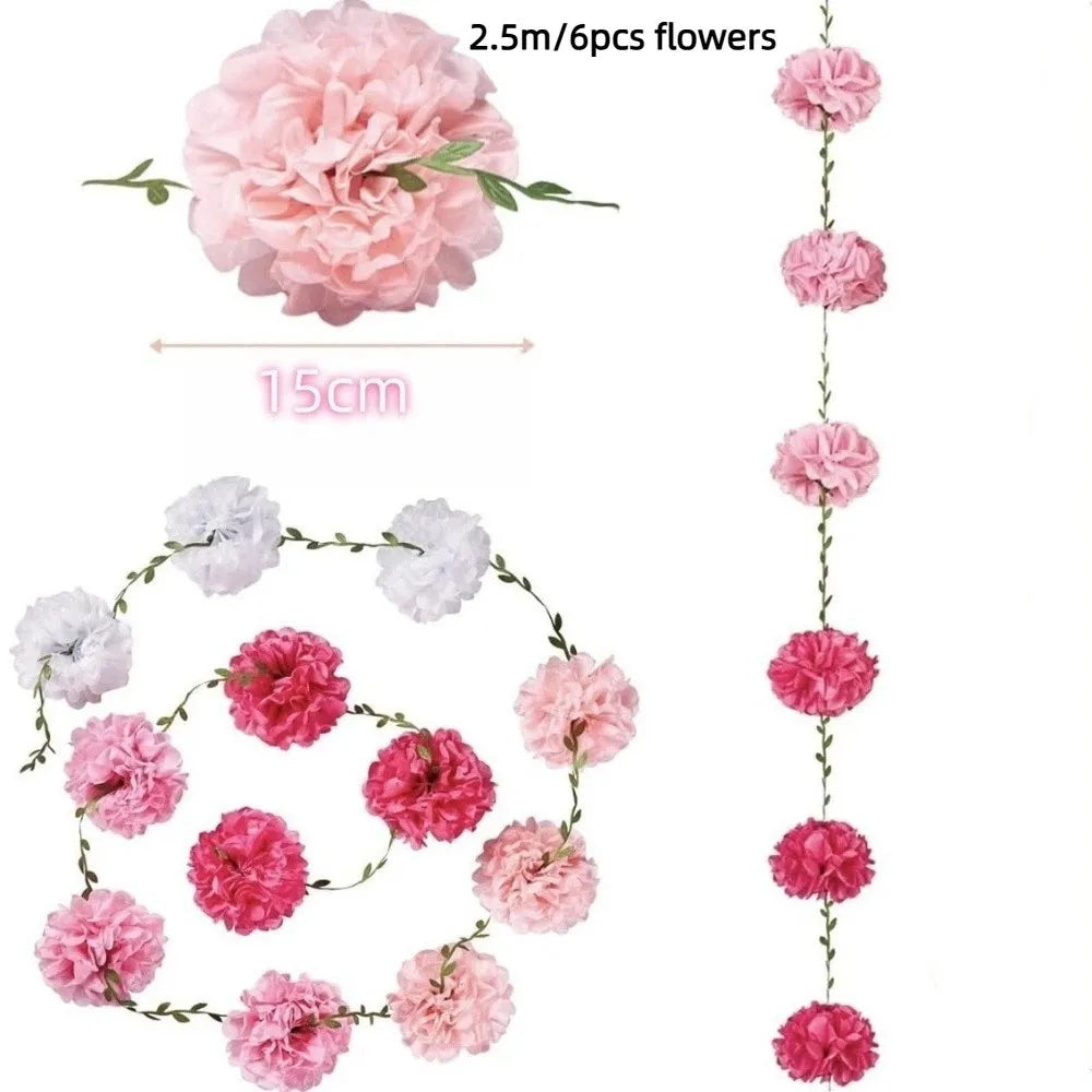 guirlande fleurs artificielles pompons rose blanc bleu modernes 2.5m pièces festive intérieure