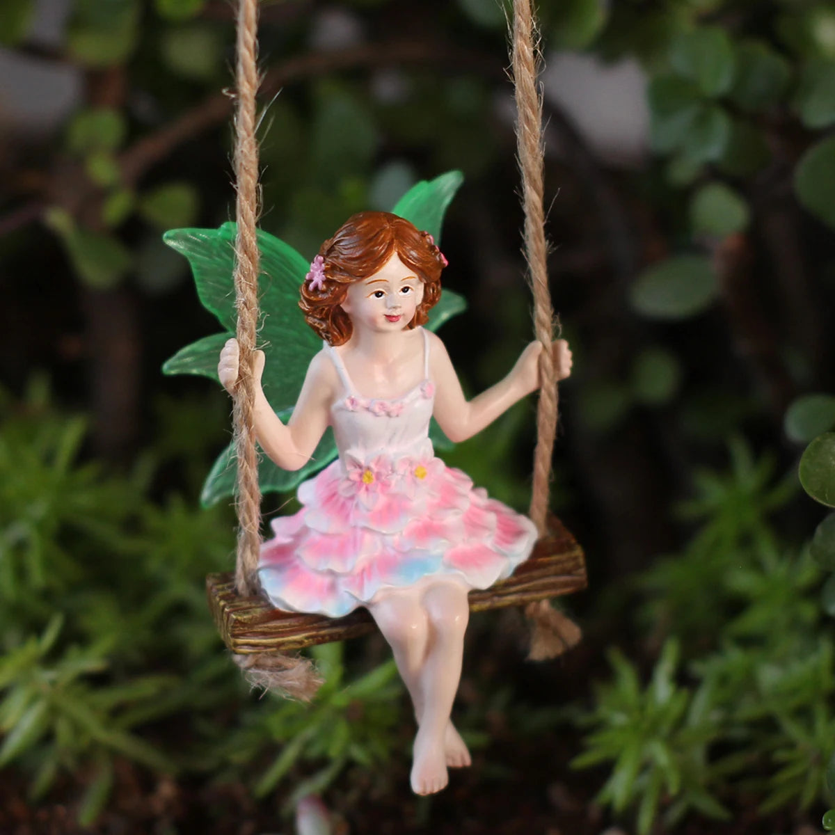 figurine fée rose ailes translucides balançoire bois miniature fantaisieextérieur jardincadeau fantaisiste volants ondulés