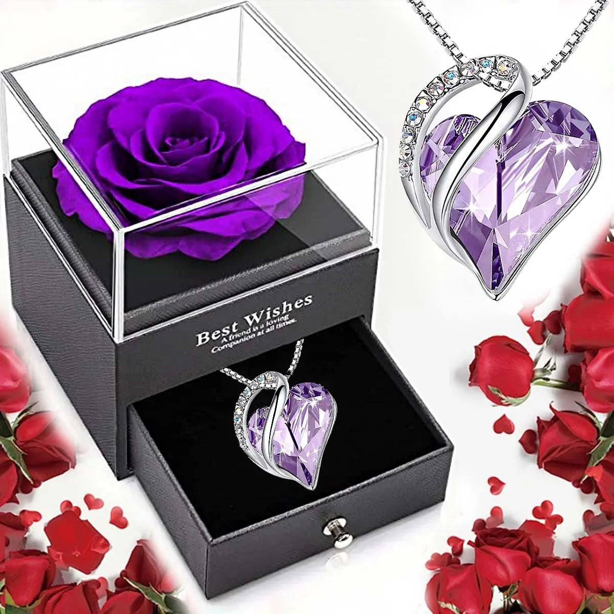collier pendentif cœur brillantes rouge violet bleu moderne élégant box bijoux rose stabilisée