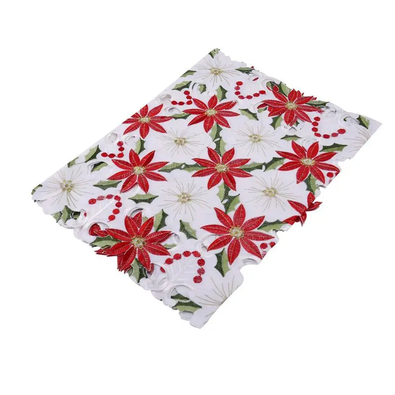 ruban decoratif noel brode fleurs poinsettia houx dorures classique blanc rouge vert festive