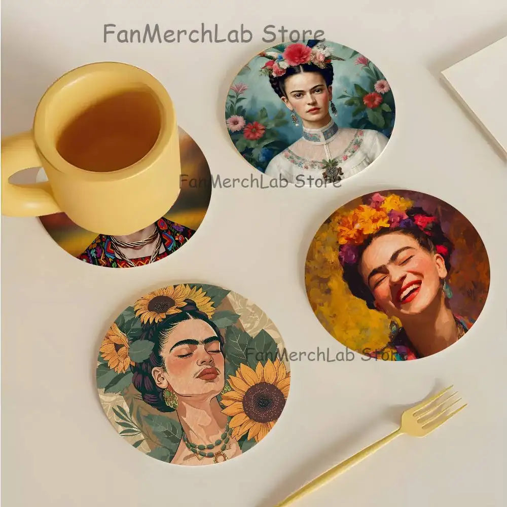 coasters bois illustrés frida kahlo multicolores fleurs artistiques écofriendly table cuisine