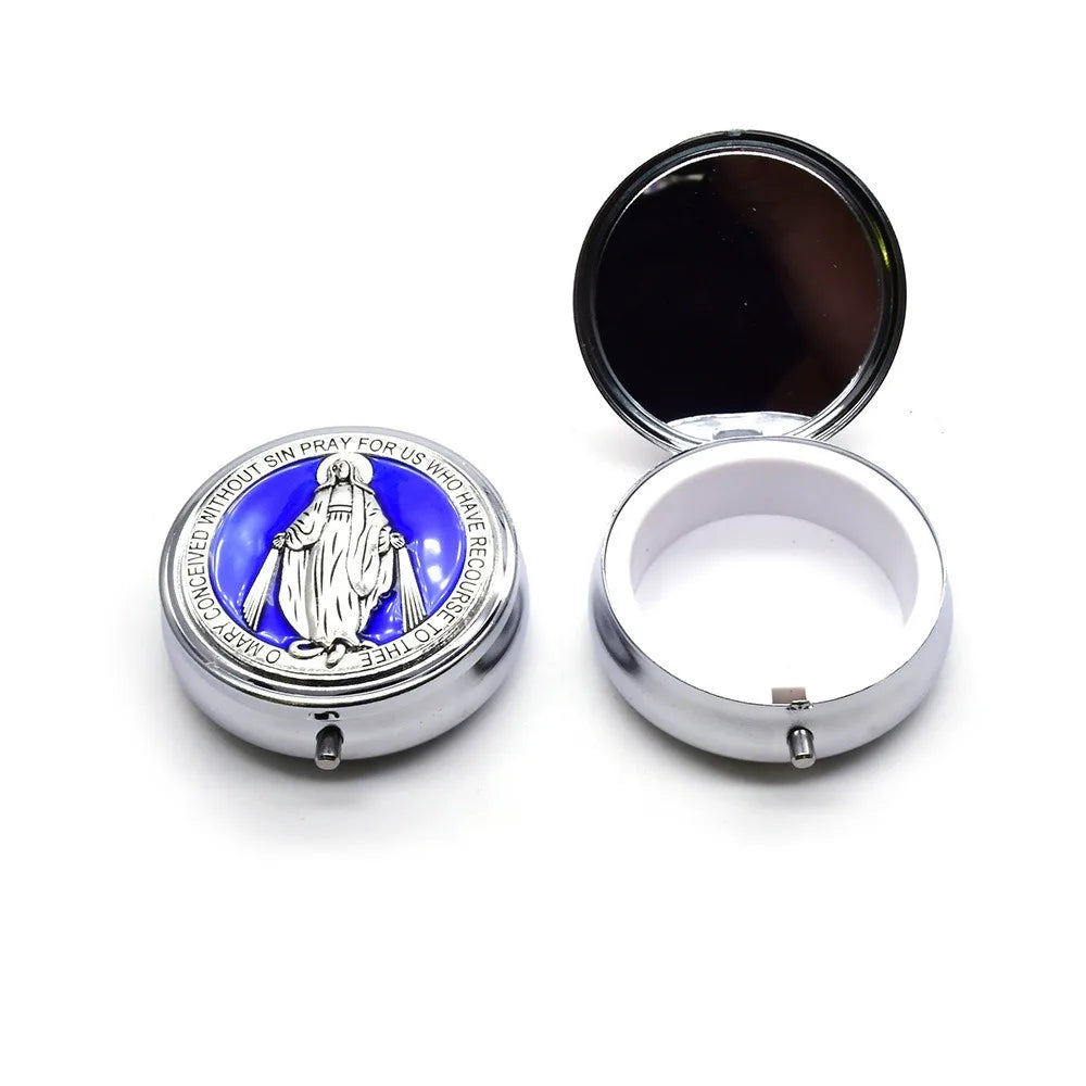 miroir compact argenté bleu doré violet rose religieux classique vierge marie texte
