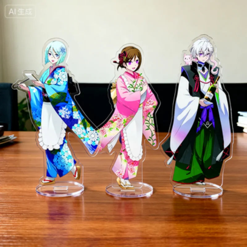figurines anime acrylique bleu rose verte noire blanche motifs floraux base circulaire décoration collection