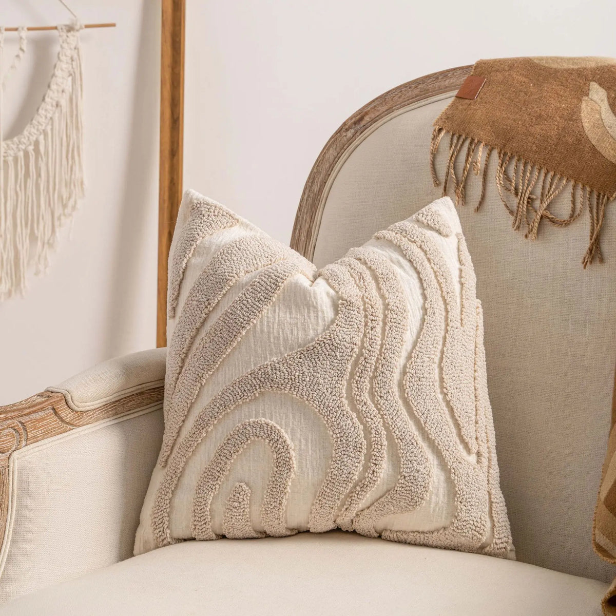 taies d'oreiller géométriques polyester non toxique boho chic fixations beige texturées maison hospitalière