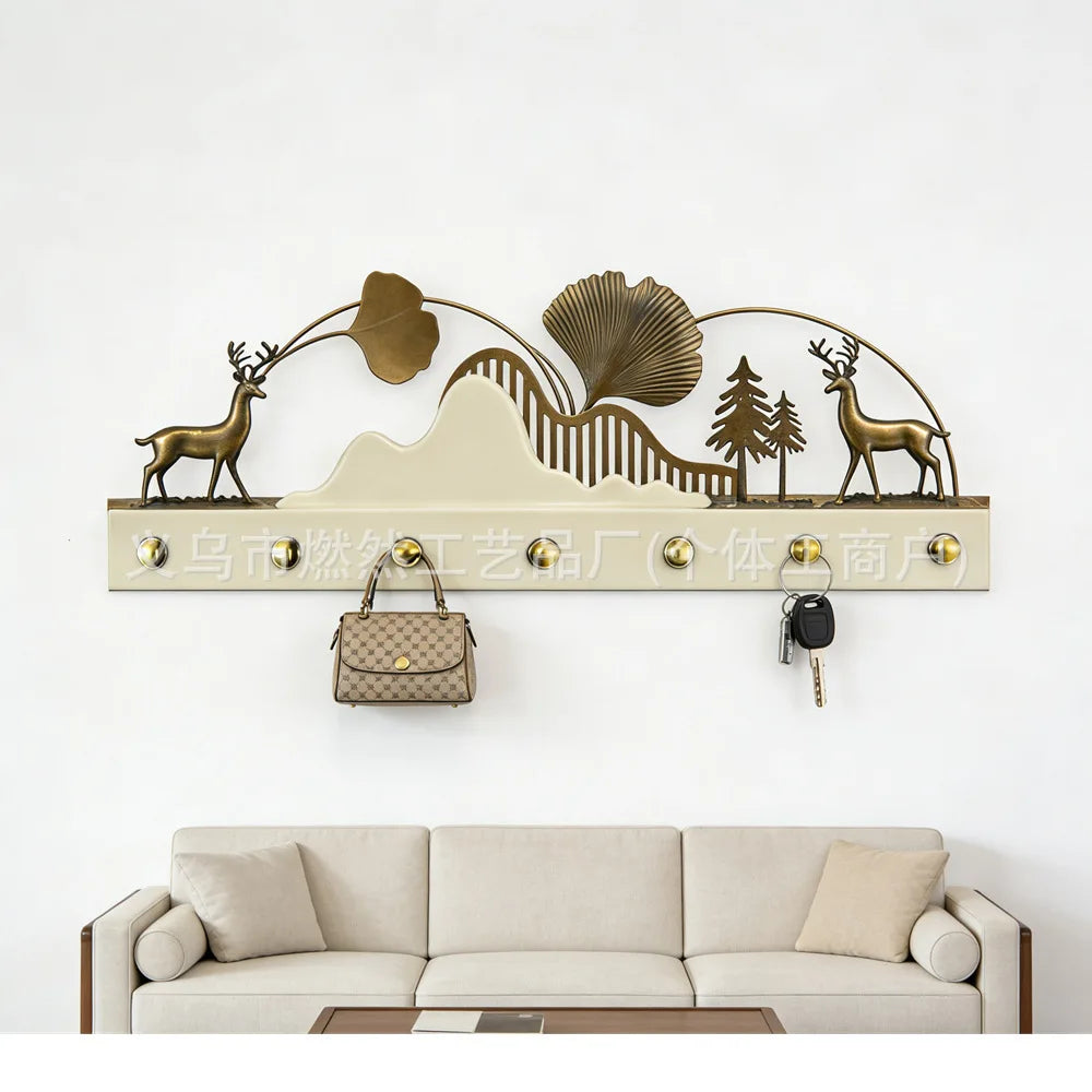 porte clés mural moderne or bleu marine gris cerfs feuilles montagnes arbres décointérieur