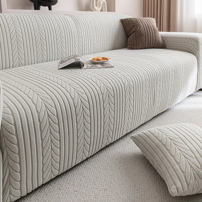housse canapé polaire rayures beige clair moderne confortable adhésif lavable machine sectionnel deux places