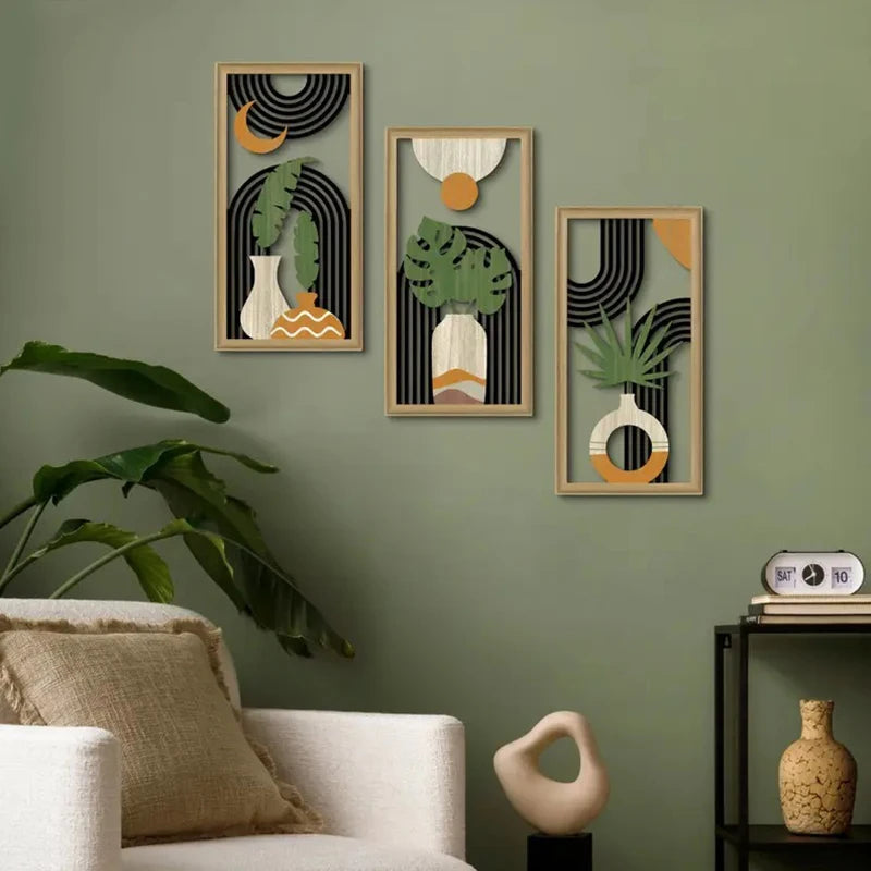 tableaux abstraits modernes bois noir blanc vert feuilles demi lunes dorées minimaliste