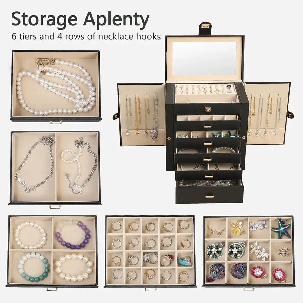 boîte bijoux moderne noir blanc poignées métalliques boucles doreilles bracelets colliers rangement couches multifonctionnelle