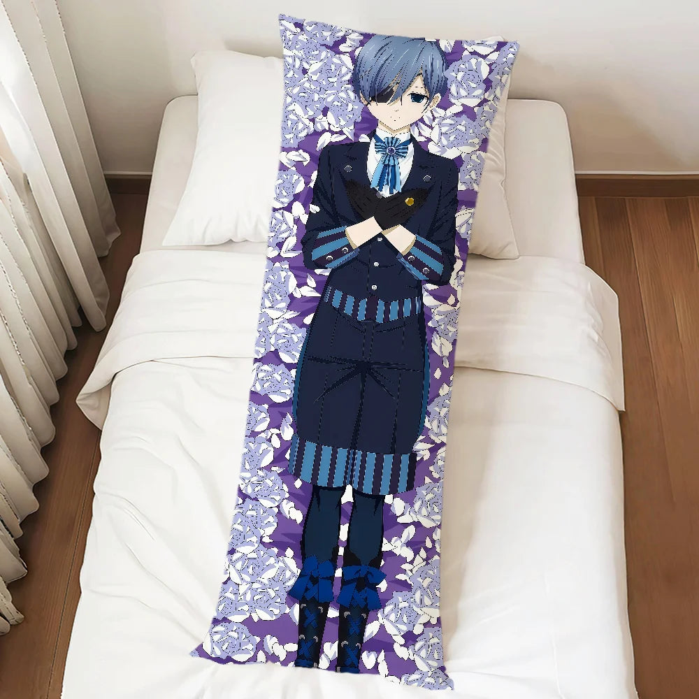 coussin allongé anime violet bleu blanc fleurs stylisées personnages 100 polyester double face imprimé