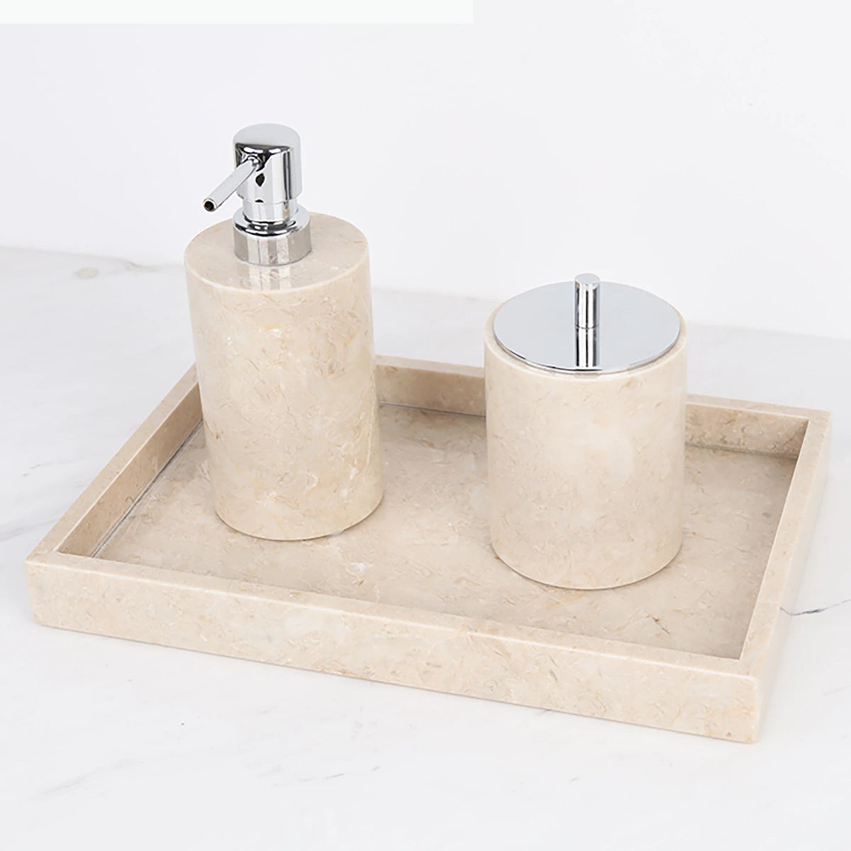 ensemble salle bain moderne marbre beige flacon savon désinfectant boîte cotons tiges rangement accessoires