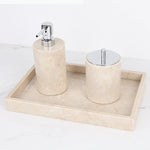 ensemble salle bain moderne marbre beige flacon savon désinfectant boîte cotons tiges rangement accessoires