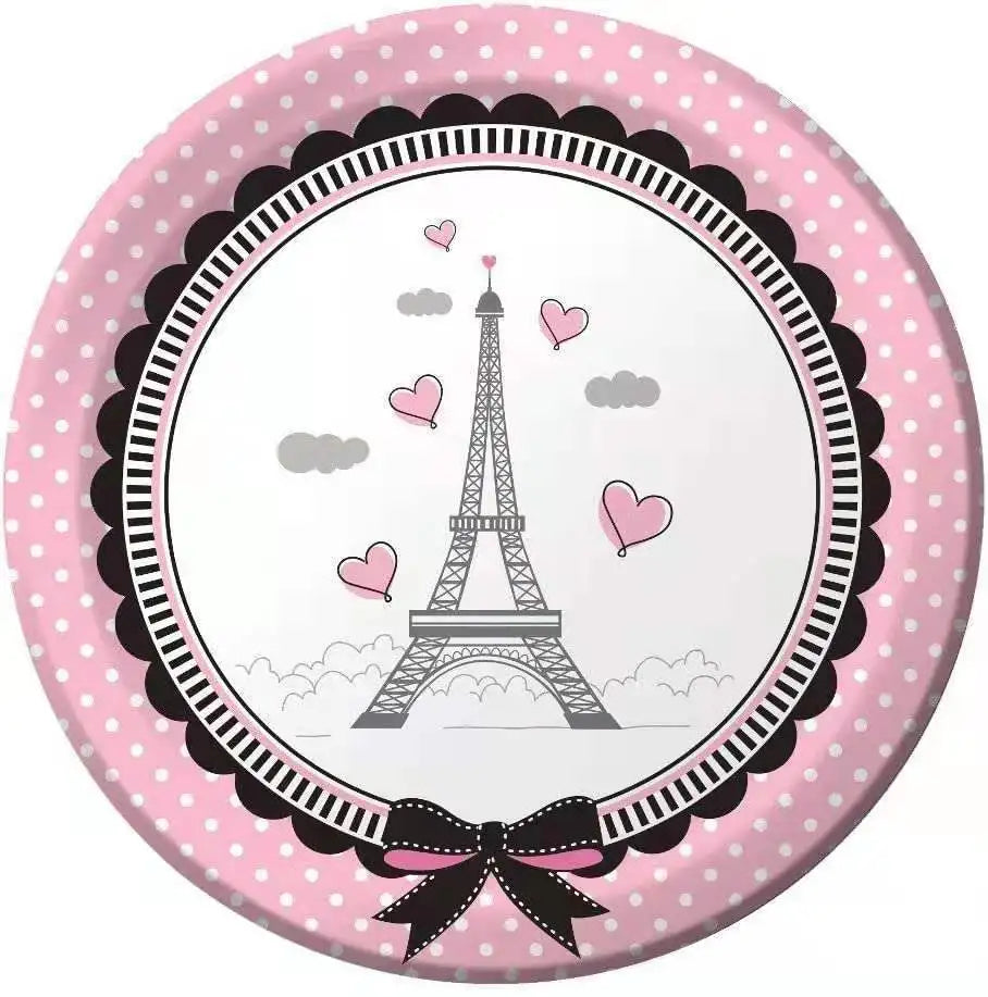 décoration fête tour eiffel assiettes gobelets serviette nappe happy birthday blanc rose coeurs parisienne