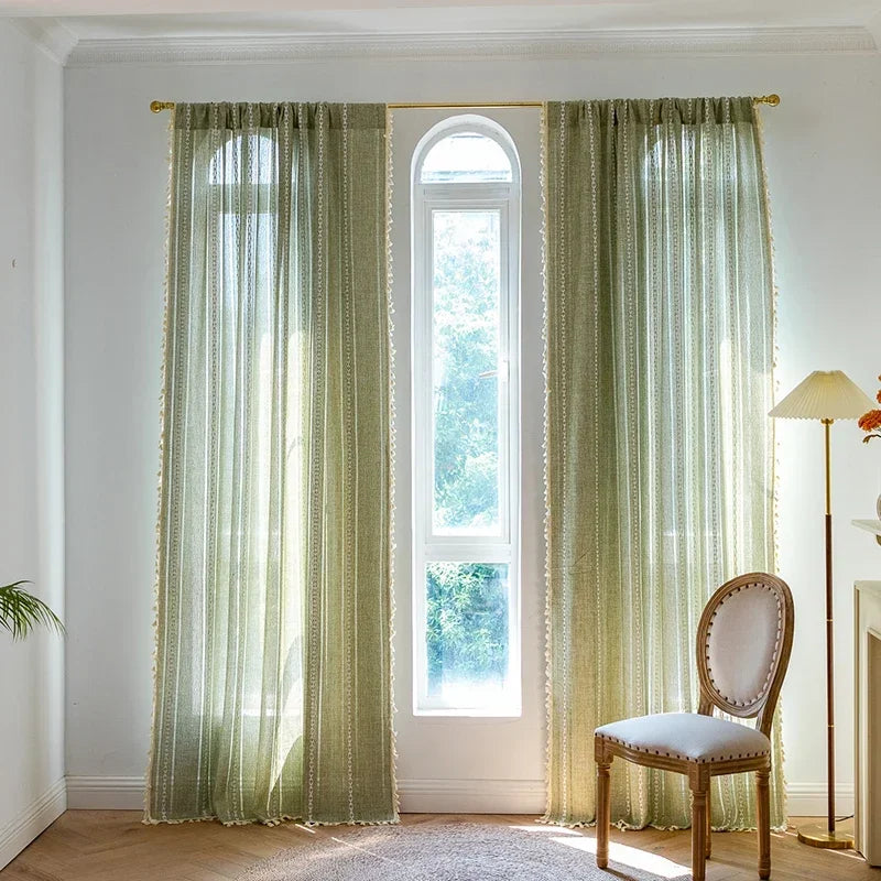 Rideau tissé jacquard avec franges vert sauge