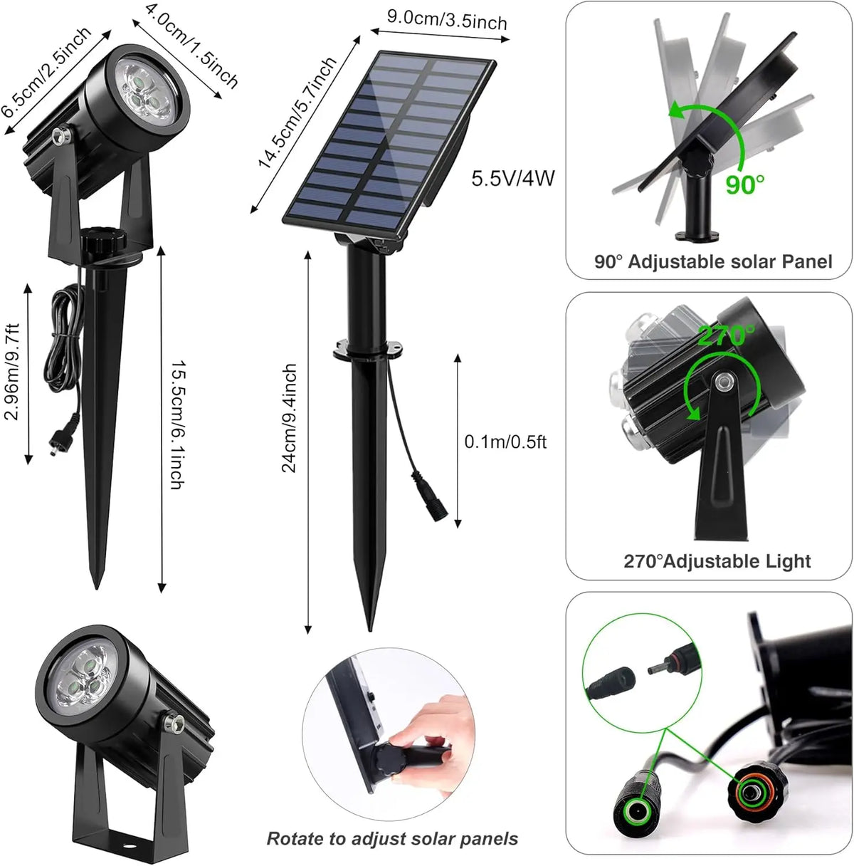 projecteur solaire moderne noir imperméable ip65 lumineux extérieur jardin piquet panneau solaire led decoration