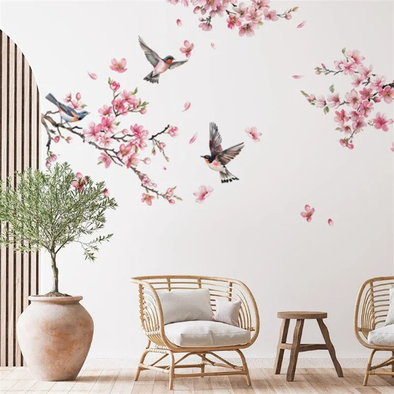 sticker mural fleurs cerisier oiseaux blanc rose vert réaliste adhésif chambre salon decoration murale