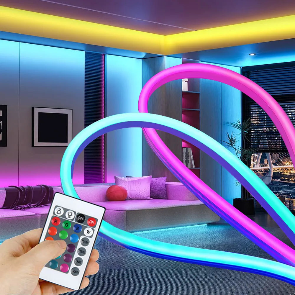 ruban led néon bleu rose blanc controle telecommande decoration moderne salon clips muraux