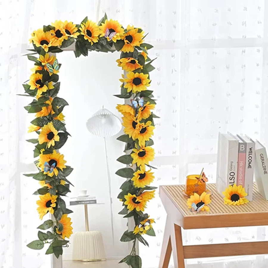 Guirlande fleurs tournesol feuilles vertes décoration extérieure mariage anniversaire baby shower festive naturelle