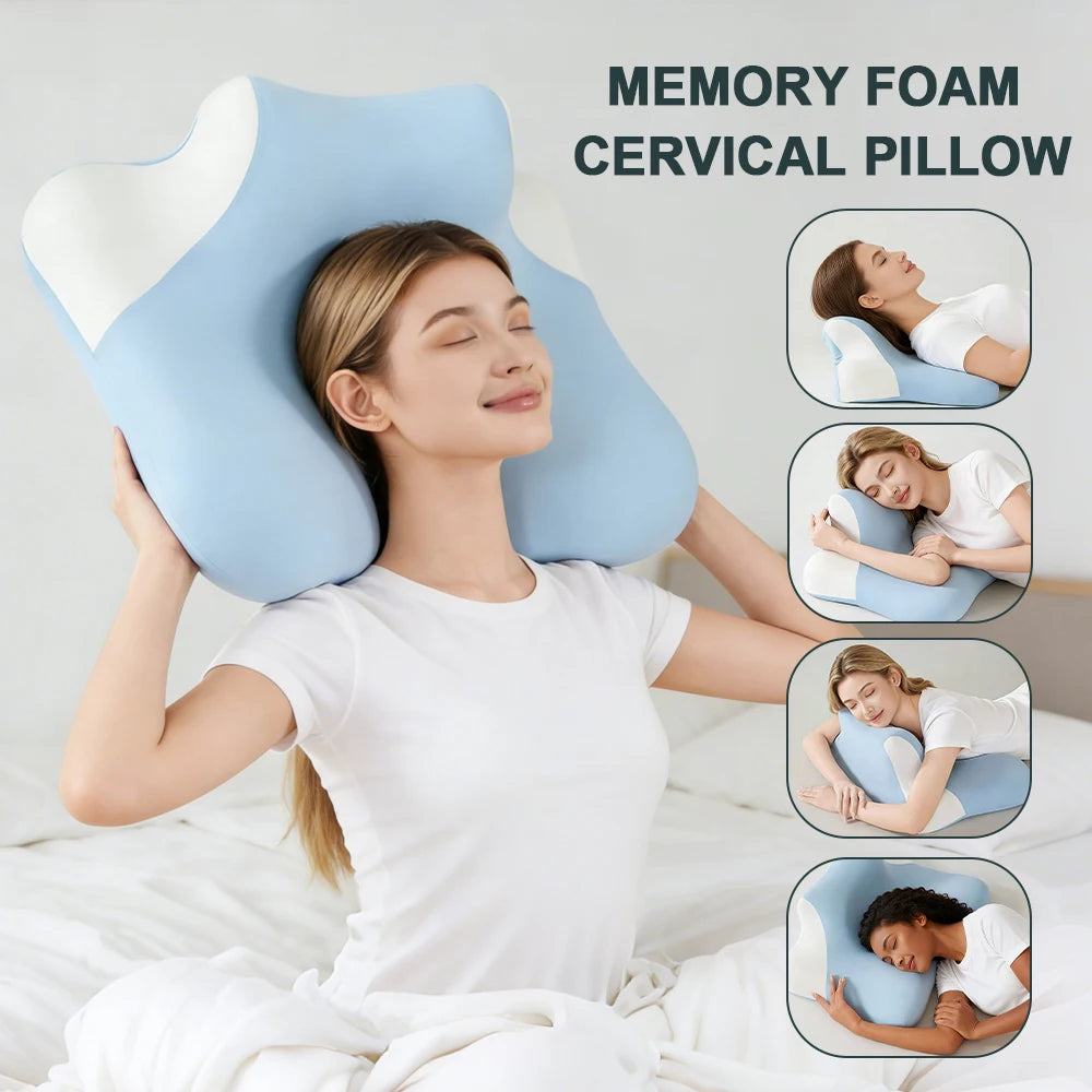 coussin cervical mousse mémoire forme bleu clair texture ergonomique alignement colonne vertébrale relaxation sommeil