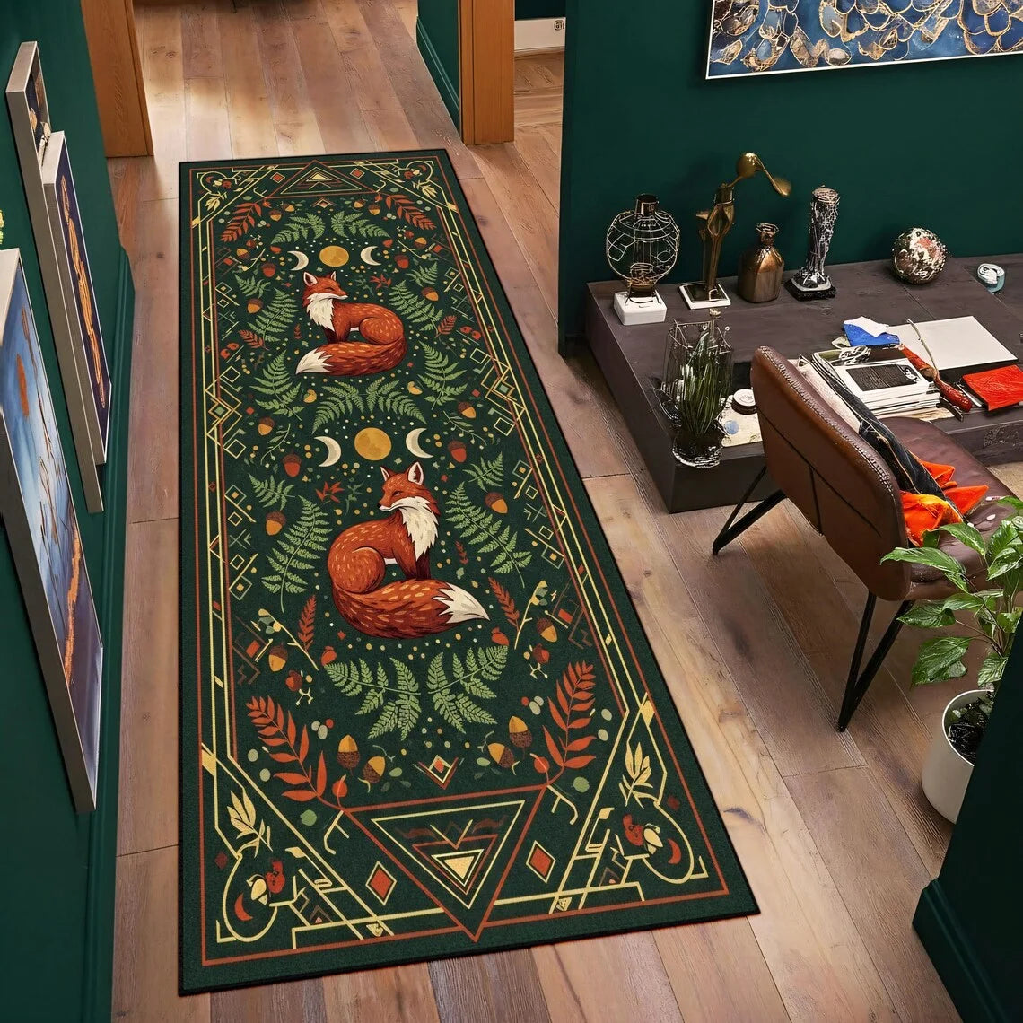 tapis vert foncé renards motifs géométriques feuilles vintage antidérapant extérieur moderne
