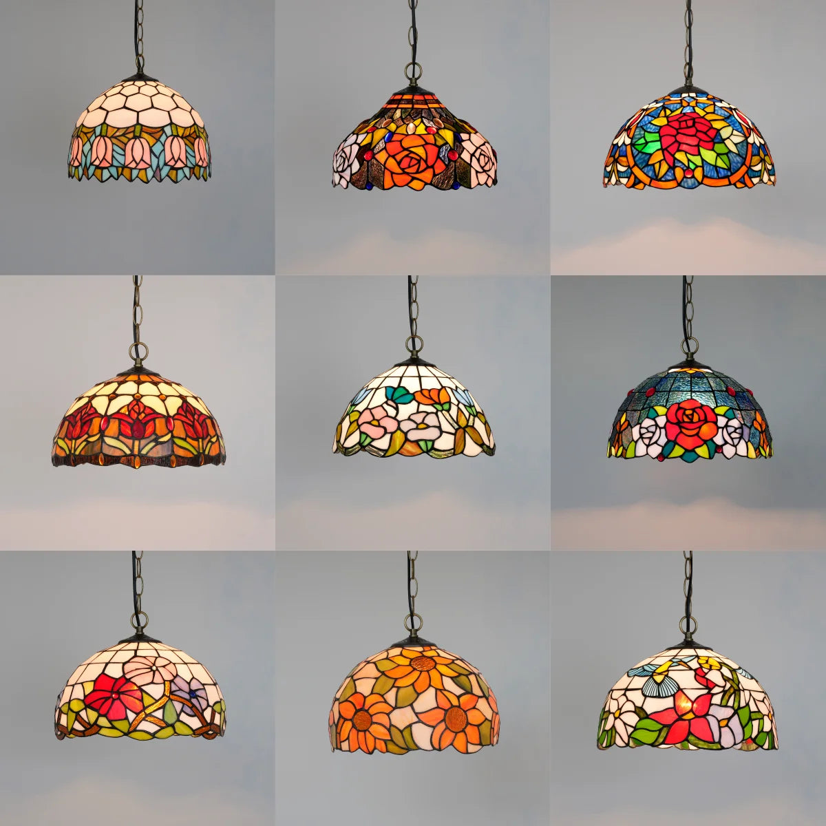 lampe suspendue tiffany fleurs stylisées multicolore rouge orange jaune vert noir adjustable chambre cuisine