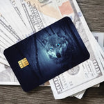cartes bancaires personnalisées adhésives loup animal moderne graphique noir gris bleu rouge
