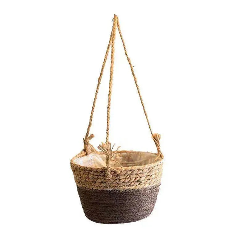 panier suspendu tissé fibres naturelles beige gris vert rustique boho chic cordelette plante verteintérieurextérieurDecorationMaison