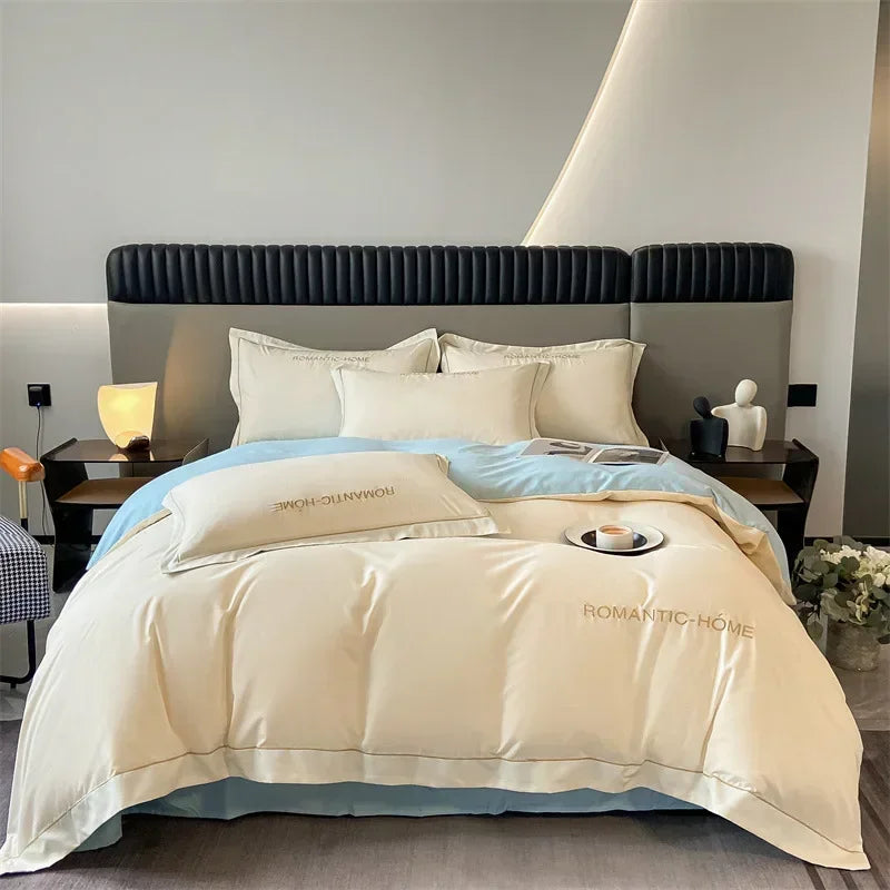 ensemble literie coton uni moderne beige bleu clair orange satiné