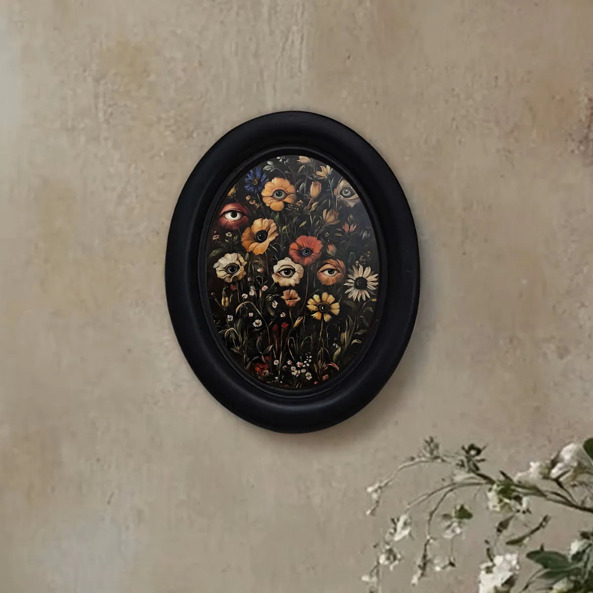 cadre photo ovale noir fleurs yeux stylisés classique decor mural gothique surréaliste erotique erotique