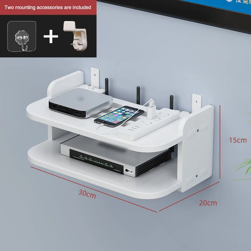 support mural blanc moderne étagère électronique rangement minimaliste multiprise routeur décodeur télécommande