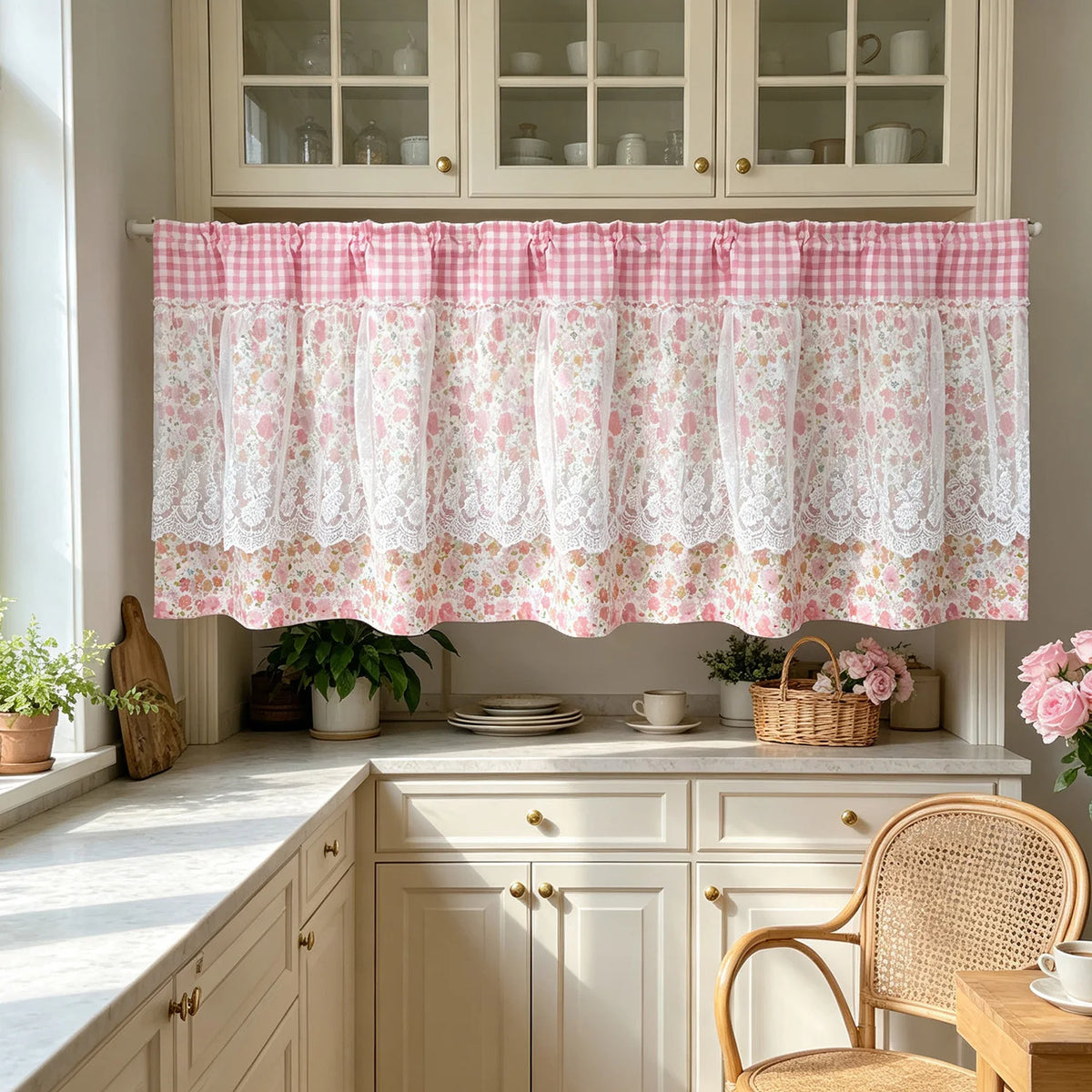 rideau fenêtre vintage rose floral romantique dentelle blanche maison pastorale