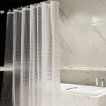 rideau douche transparent carreaux géométriques moderne ourlet lesté dimension 240cm anneaux fixation