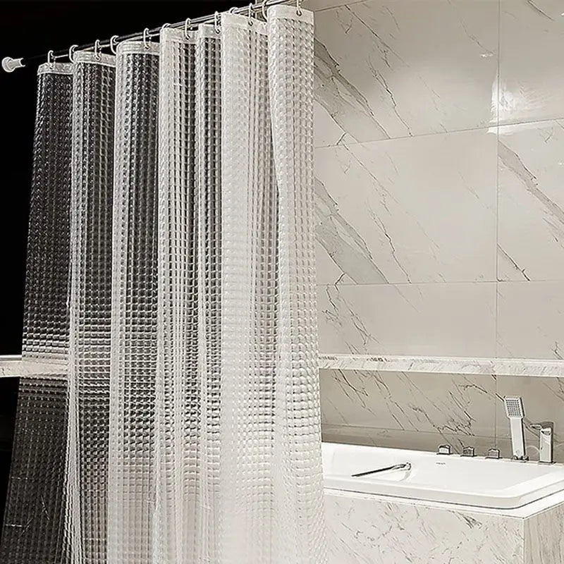 rideau douche transparent carreaux géométriques moderne ourlet lesté dimension 240cm anneaux fixation