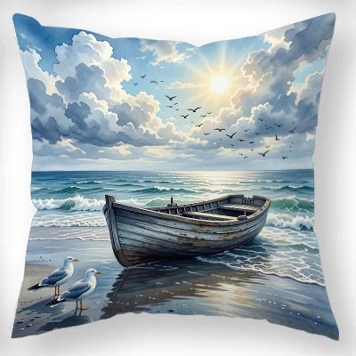 taie d'oreiller motif plage bleu blanc moderne maison 40x40cm 45x45cm 50x50cm 60x60cm polyester peachskin
