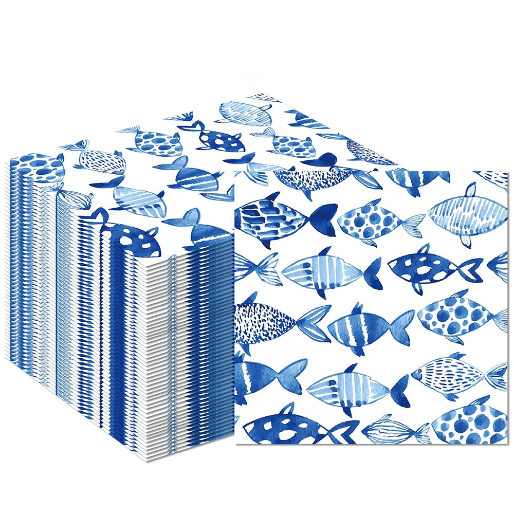 serviettes papier poissons stylisés fête enfant moderne océan blanc bleu anniversaire décors restaurant