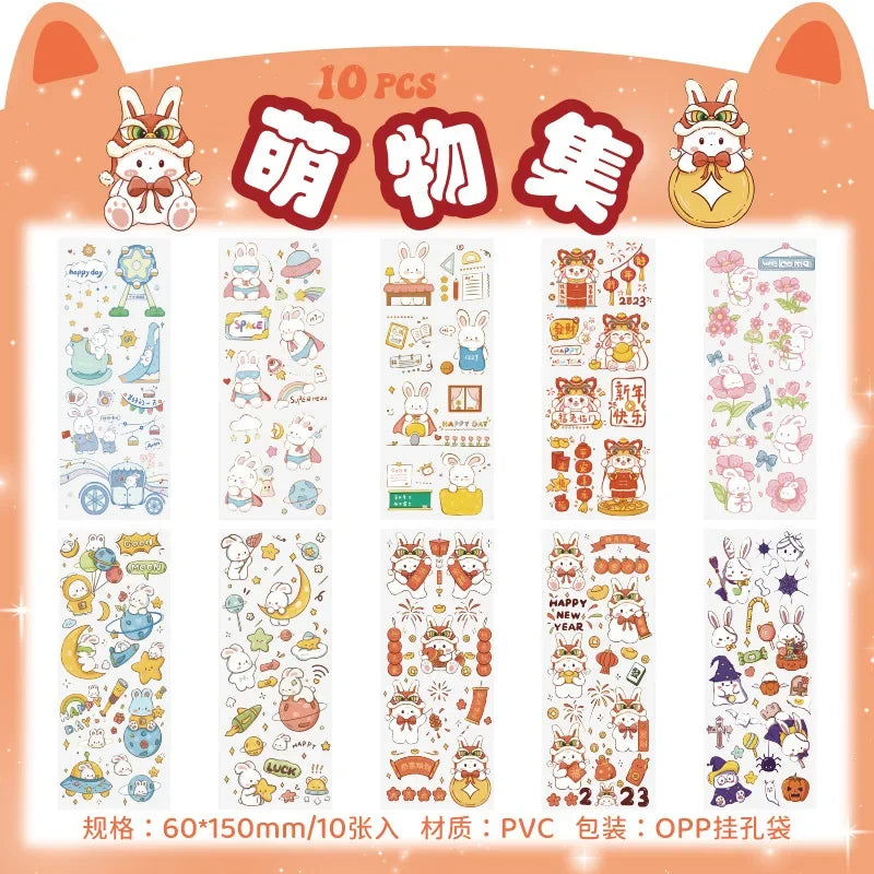 sticker kawaii adhésif dessins animés chats floraux textes scrapbooking transparent rose vert bleu blanc