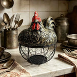 panier rangement œufs forme poulet métal rustique multiusage noir blanc texturé