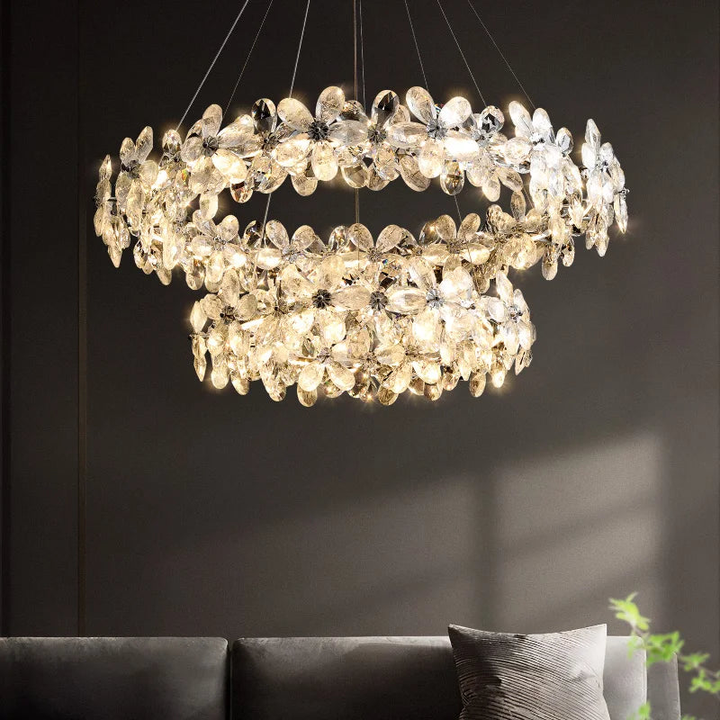 Suspension lumineuse moderne transparente argentée fleurs cristal 3000k 6000k chambre salon