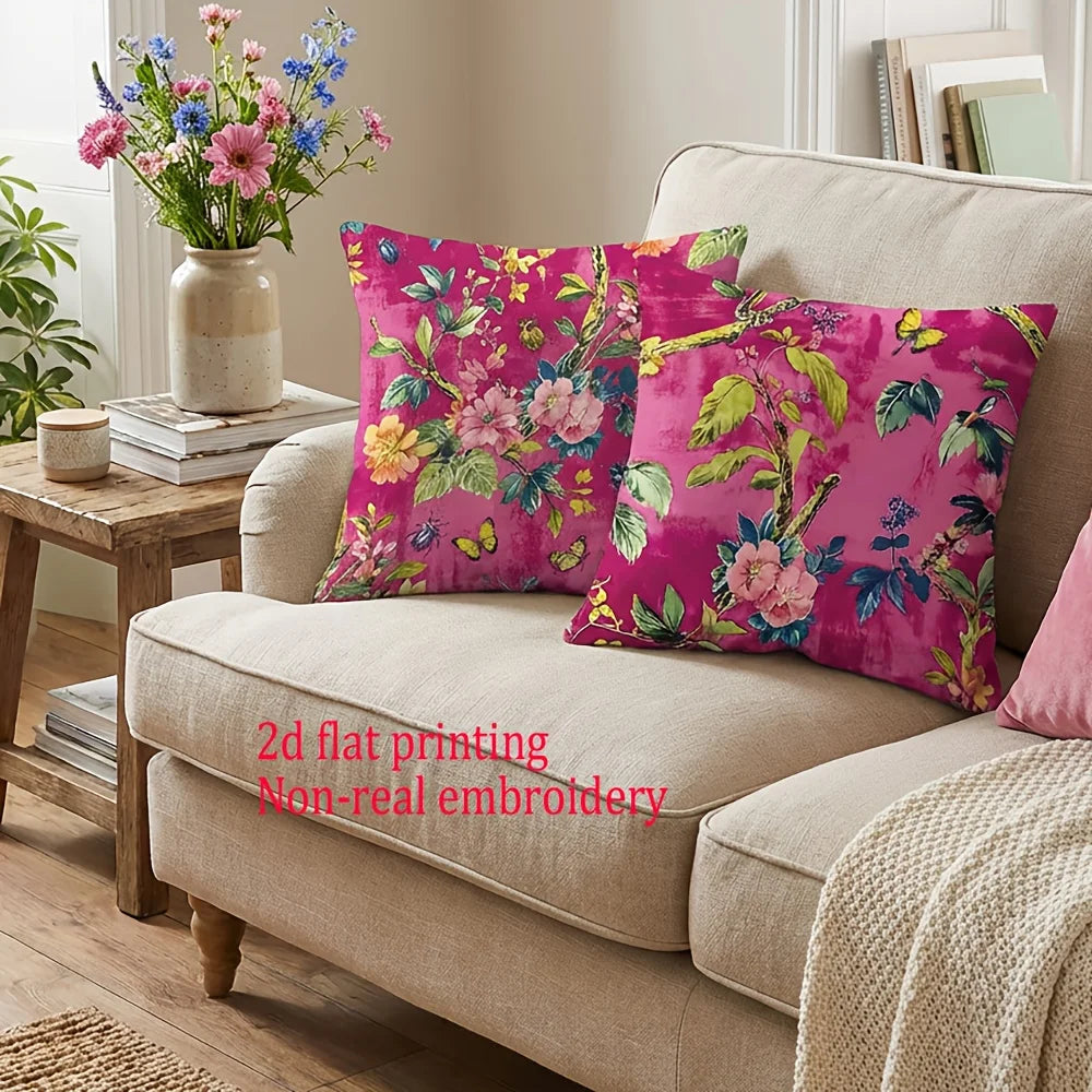 coussin carré rose vif fleurs papillons vintage opacité polyester peacheskin zipper dimension 45x45cm