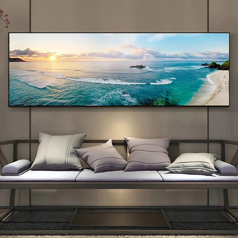 paysage marin coucher soleil impression toile coton moderne rectangle vertical plage bleue ciel orangé