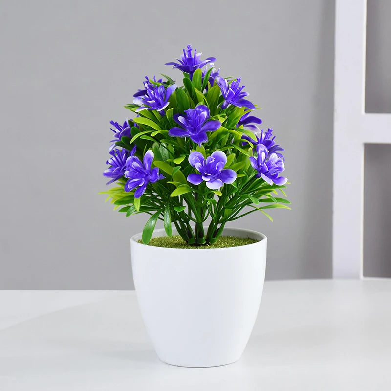 plantes artificielles bonsaï violettes rouges jaunes blanches pot blanc mousse verte décoration moderne extérieur