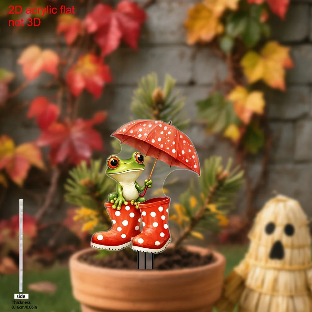 figurine grenouille verte parapluie rouge points blancs cartoon tringle extérieure pot fleurs jardin automne