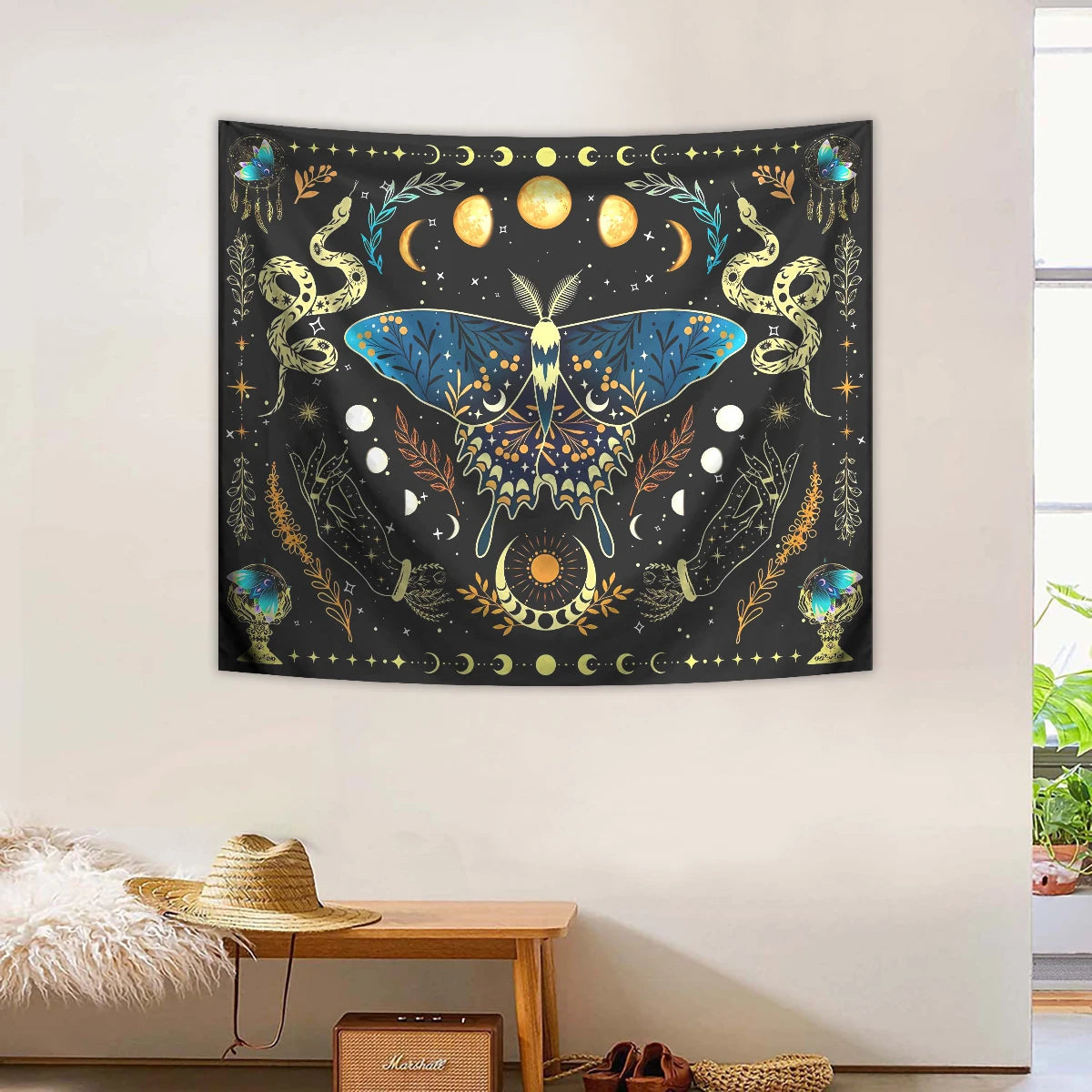 tapisserie plante motif papillon serpent lune étoile noir bleu doré blanc fantaisie clips