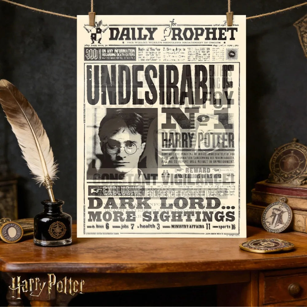 affiche imprimée noir blanc pages journal clips ancien cosplay harry potter
